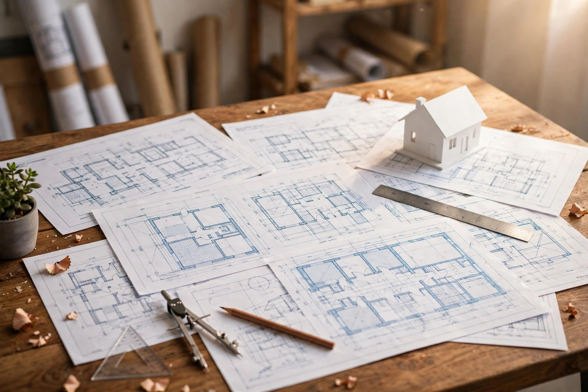 Architectural blueprints and house model